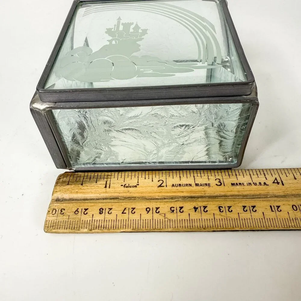 Vintage Disney Etched Castle Rainbow Metal Glass Display Mirror Square Box